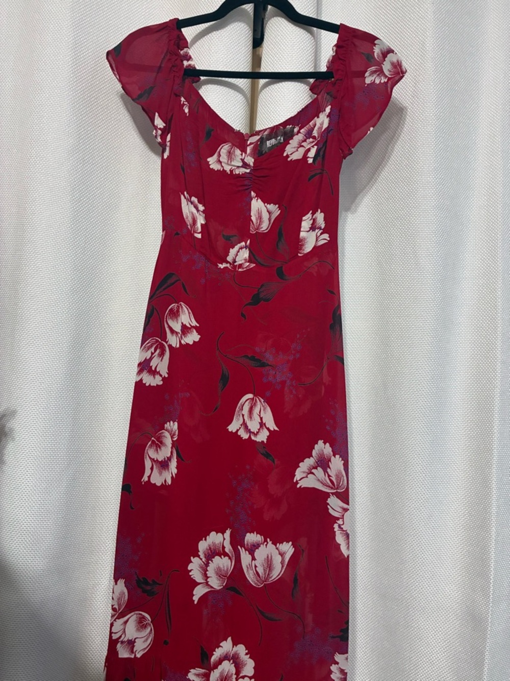 Reformation Andre Dress Nina Red Floral Midi Dress Size 6 Romantic Puff Sleeve
